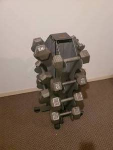 lot 145 image: Body Solid Cast Iron hex Dumbells With Stand
