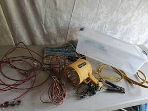 lot 158 image: Outdoor Dog leads Liscense Plates and Auto Work light and Jumper Cables
