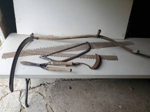 lot 183 image: Antique Farm Tools Large Saw Blades Scythe and Hand Scythe