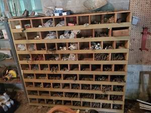 lot 190 image: Very Large Wood Shelf with Cubbies filled with Lots of Various Hardware