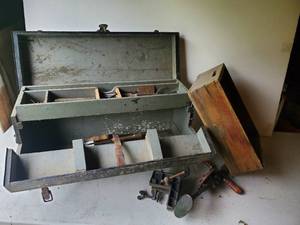 lot 204 image: Cool Antique Wood Crate with Tools and Remington Wooden Box