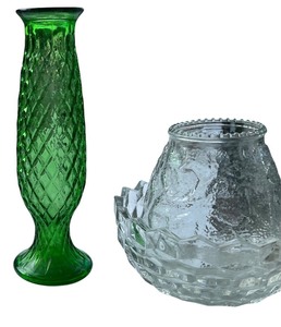 lot 394 image: Votive Candle Holder and Vtg Green Glass EO Brody co #921 Quikt Diamond Bud Floral Vase