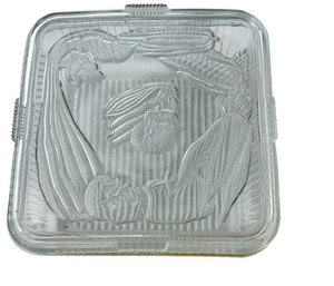 lot 440 image: vintage Federal Glass ribbed square refrigerator dish with an embossed vegetable lid