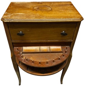 lot 454 image: Vintage Sewing Thread Cabinet Nightstand End Table 2 Drawers Mid-Century