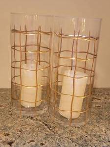 lot 82 image: Etched Gilt Abstract Lattice Tall Candle Holders