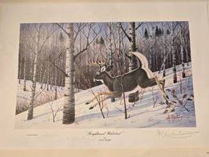 lot 124 image: Naturalist Fine Art Print - Les Kouba - Frightened Whitetail