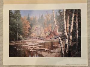 lot 122 image: Naturalist Fine Art Print - David A. Mass - Cascade Crossing - Ruffed Grouse