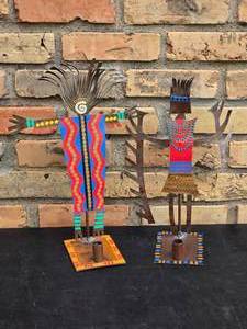 lot 118 image: Vintage Fine Art Pressed Metal Sculpture Pair - Bill & Marsha Finks - Crazy Head - Jewel