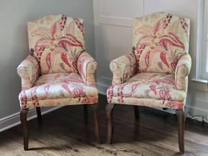 lot 133 image: Delightful Red Floral Print Armchair Pair