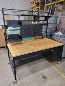 Lot of 10 Rolling Workbenches (559226) Butcher Block Tops on Metal Frames with Casters That Lock, See Description