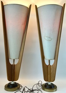 lot 3 image: Pair of Mid-Century Modern MODELINE Floor Lamps with Fabric Shades and Walnut Wood