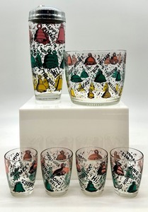 lot 12 image: Vintage Mid-Century Glass Barware Set with Martini Shaker, Ice Bucket and Glasses
