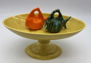 lot 65 image: Vintage Red Wing Pottery Pedestal Bowl with 2 Fish Toothpick Holders