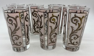 lot 86 image: Set of 8 Vintage Libbey Pink and Gold Scroll Highball Glasses