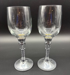 lot 95 image: Pair of Brighton Crystal Wine Glasses with Ornate Pewter Metal Stems