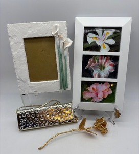lot 108 image: Set of Decorative Photo Frames with Calla Lily and Floral Photography & Gold-Tone Rose and Clutch Purse