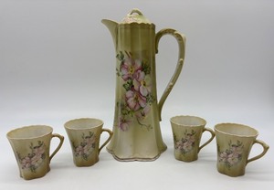 lot 119 image: Vintage Hand-Painted Nippon Chocolate Pot Set with Dogwood Floral Design