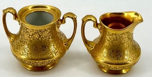 lot 121 image: Vintage Pickard Gold Decorated Creamer and Sugar Bowl Set