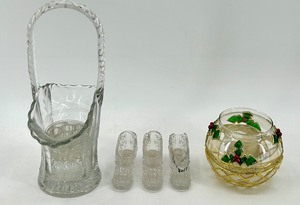 lot 124 image: Vintage Paneled Glass Basket with Flower Frog and Miniature Shoe Set
