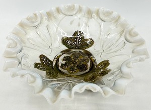 lot 129 image: Vintage Northwood Dugan Goofus Glass Bowl with Intricate Gold Accents