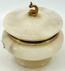 lot 143 image: Vintage Alabaster Lidded Jar with Brass Dragon Handle