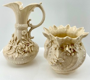 lot 167 image: Elegant Pair of Vintage Porcelain. Belleek Ewers with Floral Details