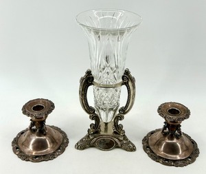 lot 172 image: Crystal Vase with Silver-Plated Holder and Pair of Decorative Candle Holders