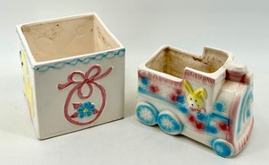 lot 173 image: Pair of Vintage Ceramic Planters Train and Toy Block Theme