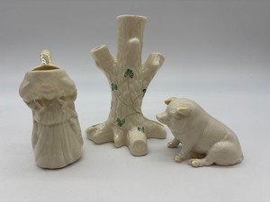 lot 184 image: 2 Belleek Pottery Figurines and Tree Trunk Vase Set