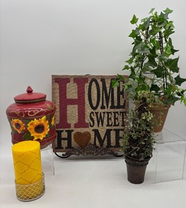 lot 187 image: Home Decor Set with Sunflower Jar, Candle, Sign with Metal Stand and 2 Faux Plants
