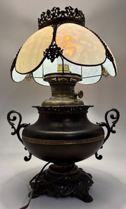 lot 191 image: Antique Brass Table Lamp with Ornate Frosted Glass Shade