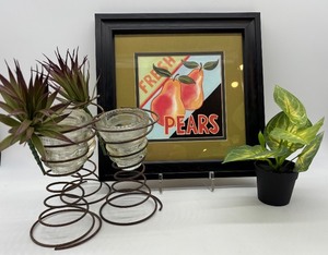 lot 200 image: Decorative Set Fresh Pears Art Print, Wire Spring Glass Insulator Holder Votives, and Artificial Plants