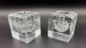 lot 209 image: Pair of Handblown MCM Blenko Ice Block Cube Glass Candleholders