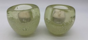 lot 210 image: Set of 2 Green Bubble Art Glass Tea Light Candle Holders