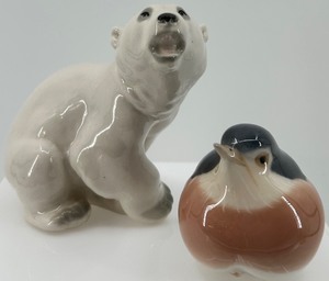 lot 232 image: Royal Copenhagen Porcelain Bird and Lomonosov Polar Bear Figurines 