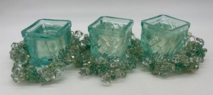 lot 241 image: Set of 3 Glass Jelly Candles with Holders and Decorative Beaded Garlands
