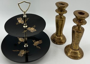 lot 258 image: MCM Courac Owl Themed Two-Tiered Tray with Pair of Brass Tone Candlesticks