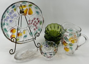 lot 263 image: Glass Serving Set with Fruit Design - Platter, Pitcher, Bowl, and More