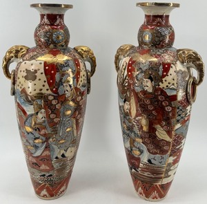 lot 278 image: Pair of Antique Satsuma Moriage Vases with Gold Elephant Handles