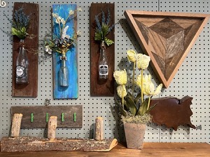 lot 203 image: Rustic Wall Decor Collection with Mounted Vases and Geometric Reclaimed Wood Art