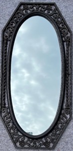 lot 303 image: Antique Oval Mirror with Ornate Black Metal Frame
