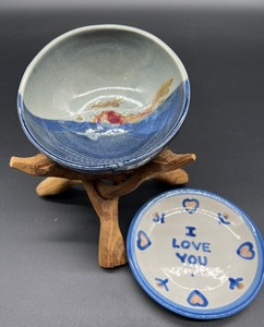 lot 81 image: M.A. Hadley I Love You Ceramic Plate and Hand-Painted Bowl with Wooden Stand