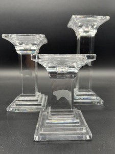 lot 92 image: The Golden Bear - Set of 3 Clear Glass Candle Holders with Elegant Etched Bear Design