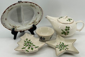 lot 315 image: Set of Porcelain Holiday Dishes and Paden City Teapot with Floral Designs