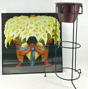 lot 327 image: Frida Kahlo Reproduction Print and Metal Plant Stand Set