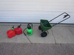 lot 329 image: Fertilizer Spreader, Weed Sprayer, Gas Jugs