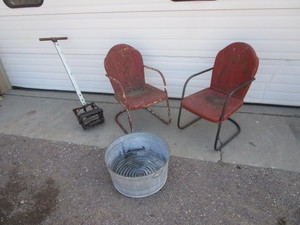 lot 330 image: (2) Vintage Patio Chairs, Garden Cultivator & Galv. Tub