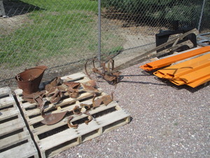 lot 279 image: Vintage Garden  Cultivator, Casters, Coal Bucket, Horseshoes, Cultivator Parts