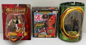 lot 63 image: Misc. Collectible Action Figures Including  The Lord Of The Rings (GIMLI), Pirates Of The Caribbean (Jack Sparrow) & Marvel Scarlet Witch (Some Red On Suit Missing) All NIB