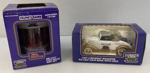 lot 210 image: Vintage Misc. Racing Champions Brickyard 400 Miniature Die-Cast Banks Including 1937 Chevrolet Roadster & Racing Helmet Bank (NIB)